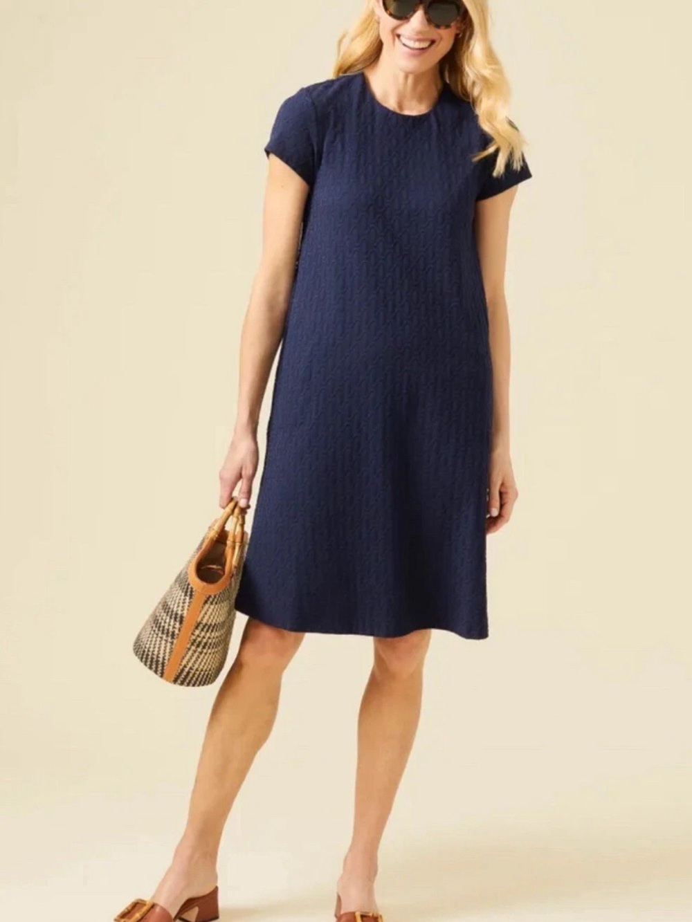 J.McLAUGHLIN Swing Dress in Mini Knot Jacquard Navy Blue Short Sleeve L- EUC